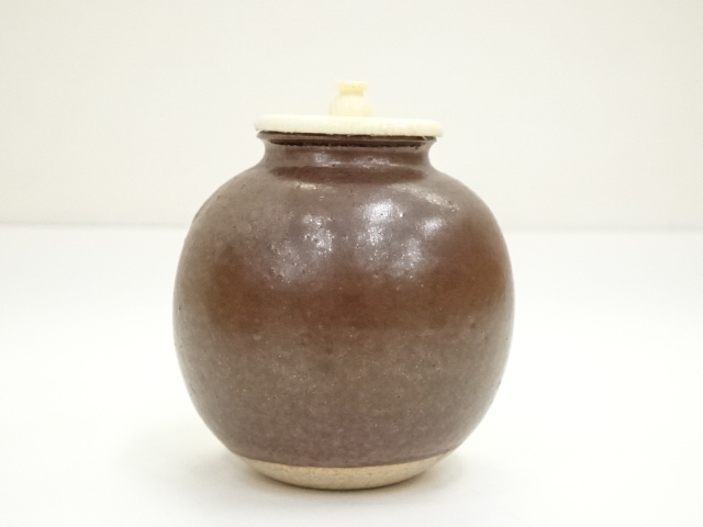 佐久間勝山 萬古焼 松古窯 平茶入 茶道具 金継ぎ 共箱 道具 ] - 道具 萬古焼 松古窯 佐久間勝山造 文琳茶入（共箱） □z